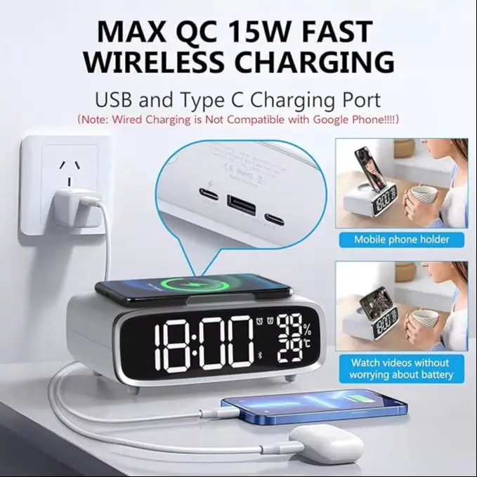 Colsur 6-in-1 wireless charger alarm clock Bluetooth speaker LED night light clock table decoration iPhone Xiaomi huawei charger