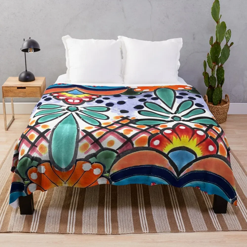 Colorful Talavera, Orange Accent, Mexican Tile Design Throw Blanket Luxury Throw Single fluffy decorative Blankets