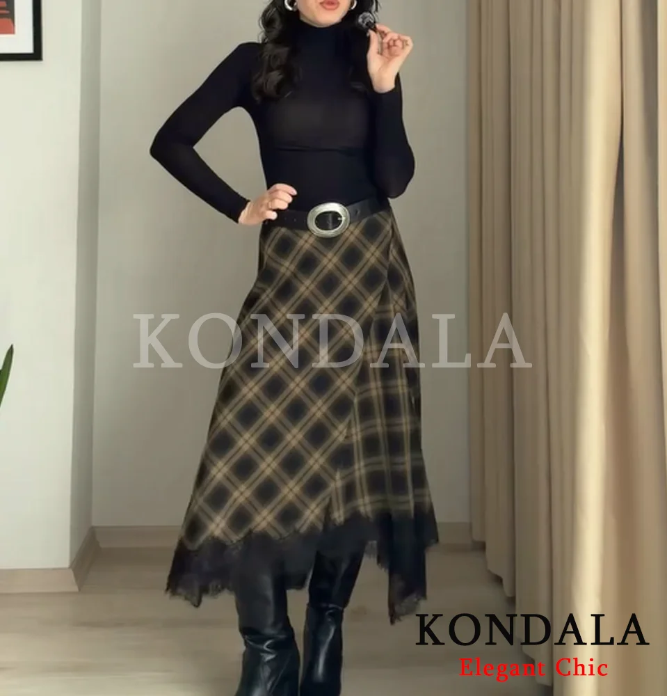 KONDALA Vintage Basic Lady Midi Skirt Plaid Lace Long Skirt Women New 2026 Spring Summer Elegant Commute Dinner Party Lady Skirt