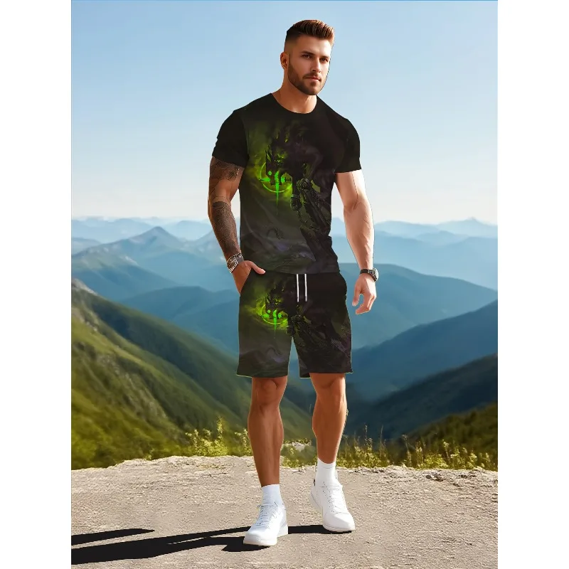 2025 Summer Personalized 3D Printed Round Neck Short Sleeved T-shirt and Shorts Set for Men's Daily Leisure Sports Street Travel