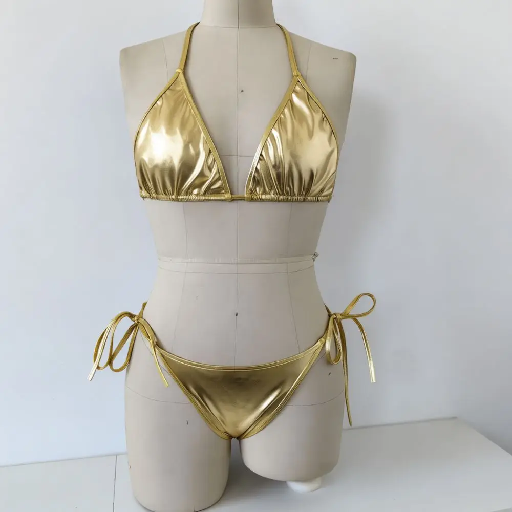 Sexy Patent Leather Bikini Set Women Hollow Out Split Swimwear Summer Beach Pool Party Bathing Suit Chic Wear Style