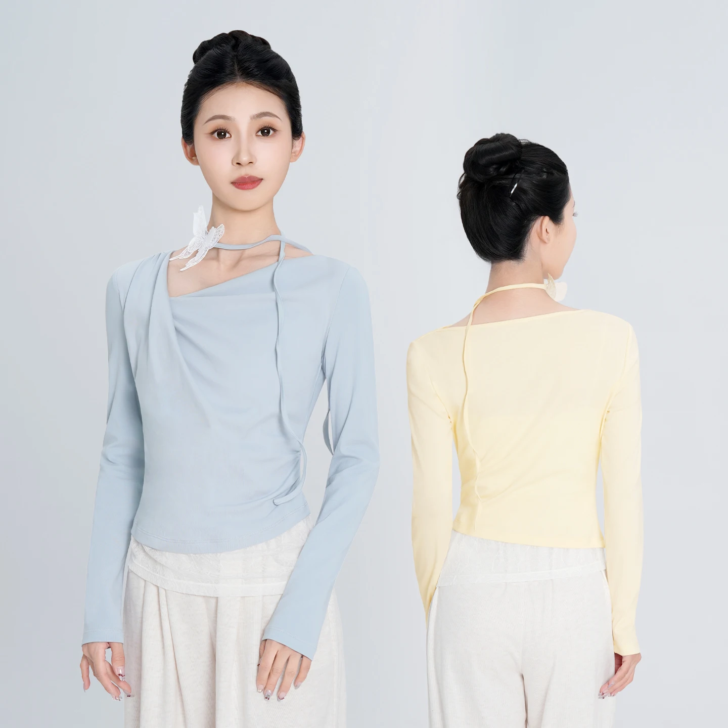 女性レーススプライスカジュアルブラウス優雅なダンストップ非対称ドレープ&繊細な蝶チョーカーガールコットン長袖シャツ