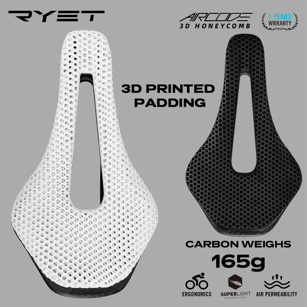 RYET-Selle de vélo ultralégère imprimée en 3D, fibre de carbone, creux, confortable, respirant, VTT, gravier, vélo de route, pièces de siège de cyclisme