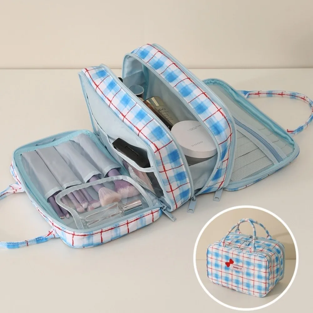 

Three-layer Design Handheld Makeup Bag Multifunctional Zipper Closure Toiletries Bag Large Size Bow Decoration