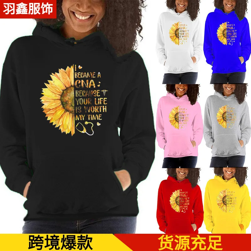 Langärmliger, winddichter Kapuzenpullover mit Sonnenblumenmuster-Aufdruck für Damen, lässiges und warmes Kapuzenpullover, Streetwear für Damen