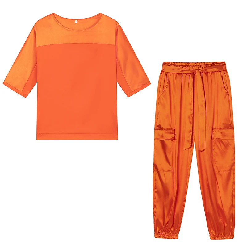 2024 Europäisches und amerikanisches grenzüberschreitendes neues modisches Damen-Kleidungsset aus glattem Satin mit halben Ärmeln, zweiteiliges Freizeit-Set – Detail 6