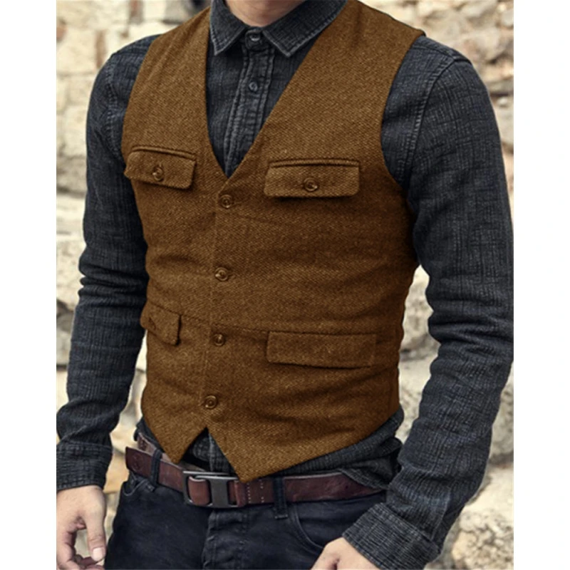 Men Vest V Neck Classic Steampunk Suit Wool Tweed Notch Lapel Thick Tweed For Wedding Groom Banquet Waistcoat