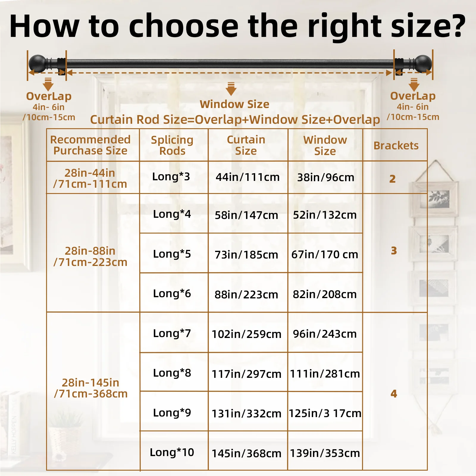 Hastes de cortina para janelas, haste de cortina decorativa de 5/8 polegadas, cortina de janela resistente com emenda preta fosca