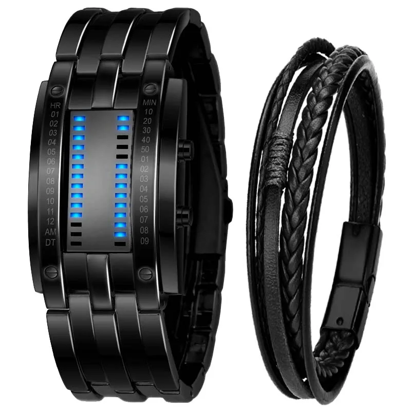 Men Watch 50m Waterproof Lava Watch Double Row Lamp Led Watch Male Binary Steel Band Electronic Sport Watch Relogios Masculino