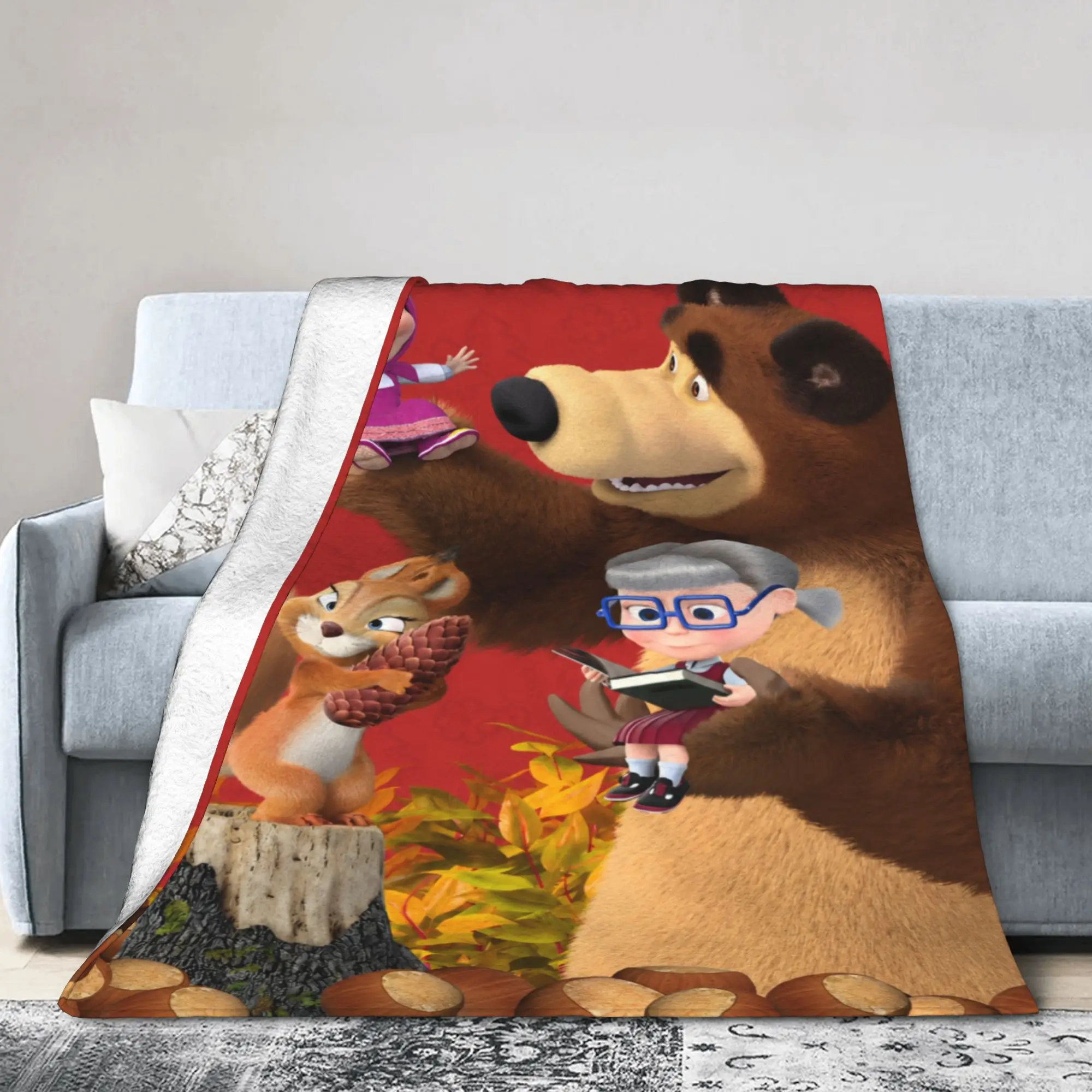 M-Mashas and B-Bears Red Scene Blanket Quality Super Warm  Throw Blanket Winter Child Couch Chair Sofa Bed Funny Bedspread