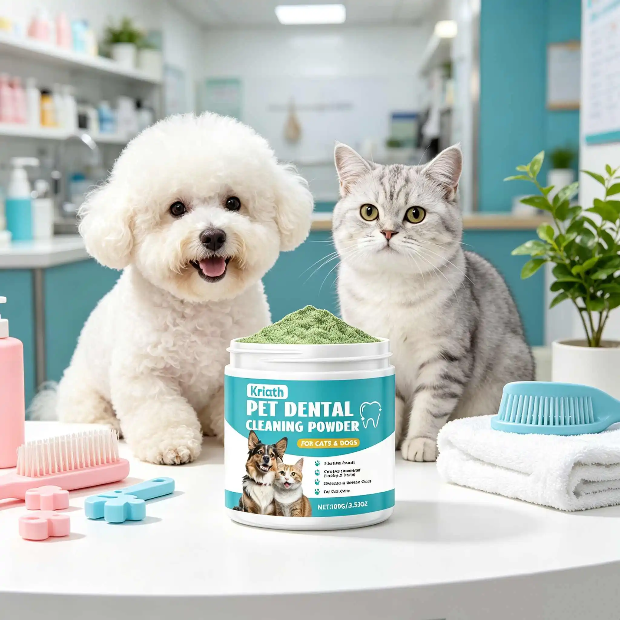 Kriath Dog Teeth Cleaning Powder Reduce Bad Breath Gentle Fresh Removes Tartar Oral Gum Health Whitens Pets Teeth Powders 100g