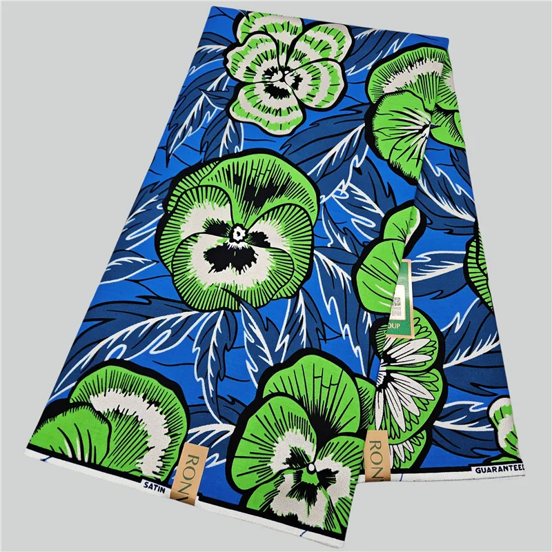 

6Yards Long Blue Cotton African Wax Fabric with Green Floral Printing for Sewing Dress Sofa Curtain Tablecloth 120CM Wide R2741