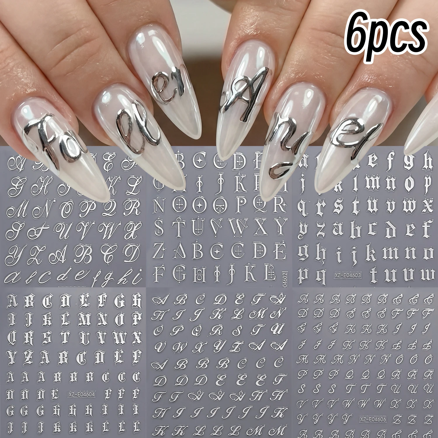 6 Stück 3D Metallic Silber Nagelaufkleber Unregelmäßiges Leoparden-/Stern-/Kurvenlinien-Design Nagelkunst-Abziehbilder Y2K Abstrakte Linien Maniküre-Dekoration