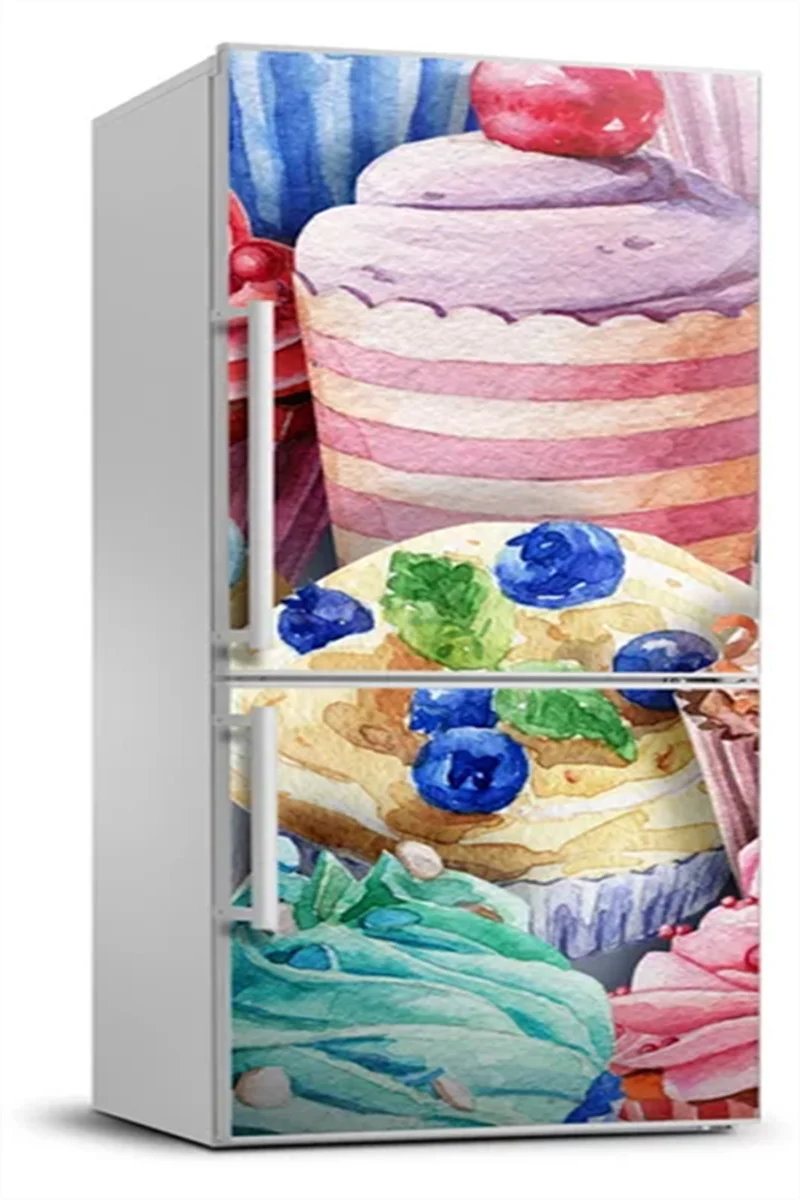 Watercolor Cupcakes Fridge Sticker Colorful Sweet Girly Dessert Refrigerator Door Full Cover Mural Decal Kitchen Decor Wallpaper