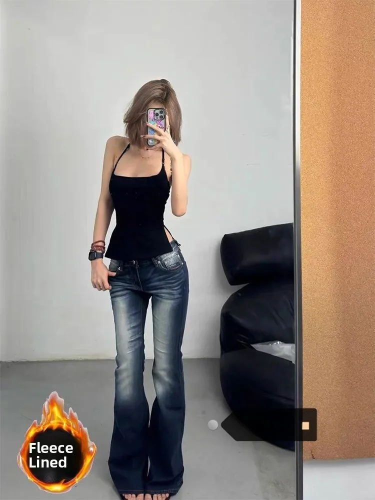 Damskie jeansy bootcut z niskim stanem, ocieplane, na jesień i zimę, proste nogawki, denim, styl amerykański, efekt pamięci kształtu, jednolity kolor.