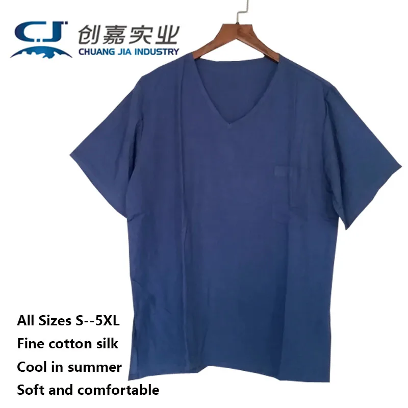 Cotton Silk Summer Men's Short-sleeved V-neck T-shirt Solid Color Home Pajamas Loose Soft Thin Style Top Morning Jogging Shirt