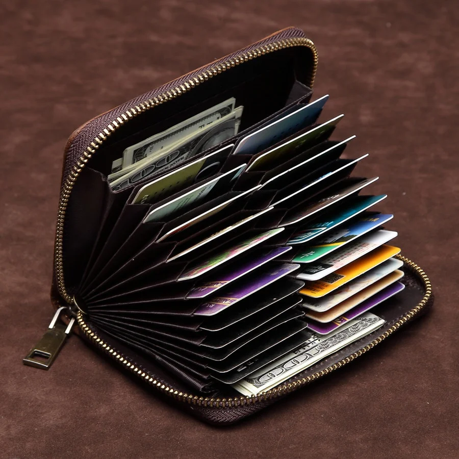 Large Capacity Leather Wallet Men's Crazy  Leather Zipper Card Holder Bucket Shape American Retro Style Credit Card Bag