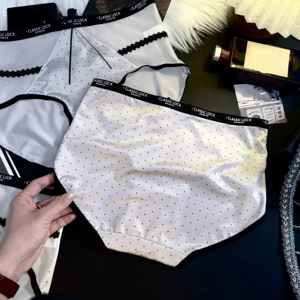 Comfortable Mesh Women's Underwear Satin Bow Wave Point Underpants Hollowed-out Seamless Briefs Female