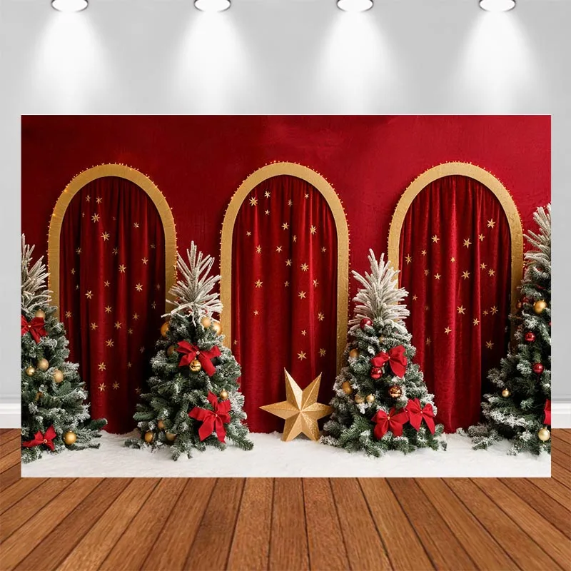LS Christmas Beige Bow Arch Green Tree Winter Holiday Photography Backdrop For Maternity Kids Family Portrait Photo Shoot