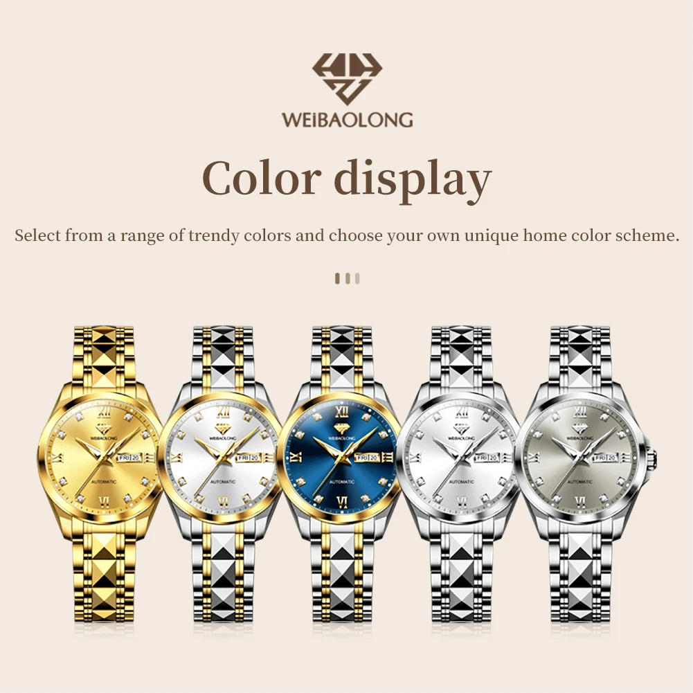 WEIBAOLONG 3803 ساعة نسائية ماسية حقيقية ساعات فاخرة للسيدات عرض تقويم مزدوج ساعة ميكانيكية أوتوماتيكية للسيدات