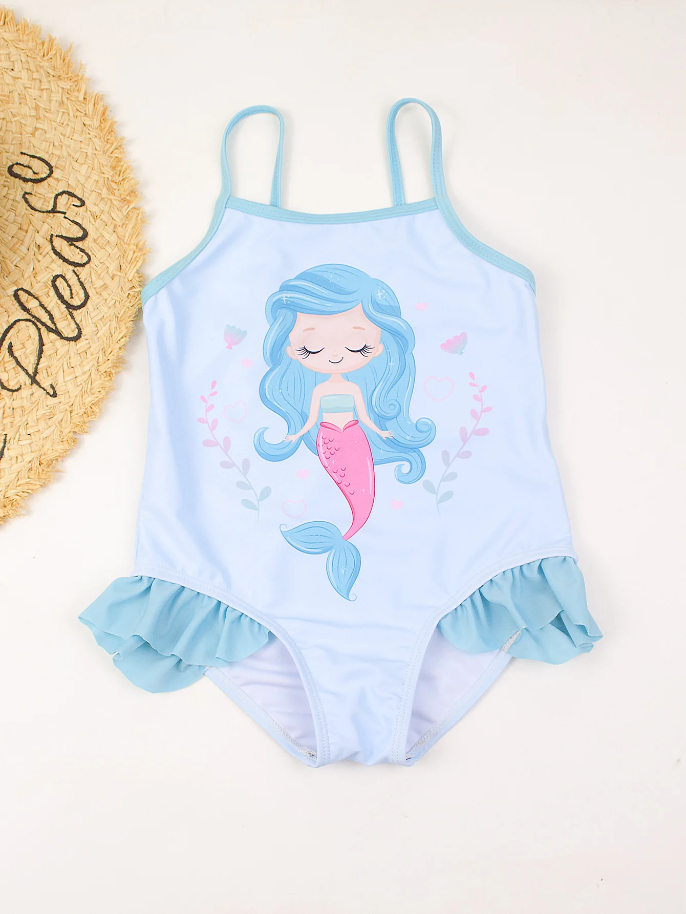 Girls Blue Cartoon Cute Mermaid Unicorn Graphic Ruffles Patchwork One Piece Swimsuit Swimwear Kids Summer Beach Bathing Suit ﻿