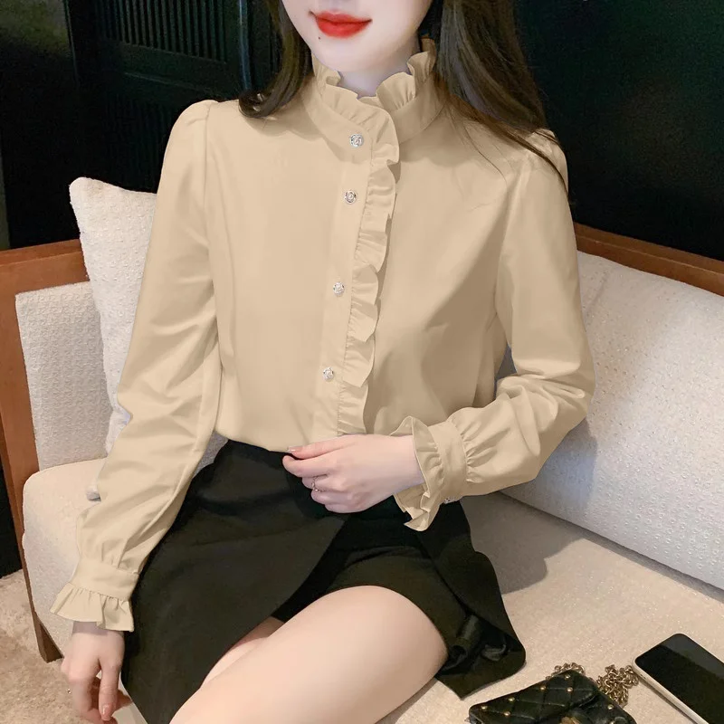 

Long Sleeve Shirts Womens Satin Ruffled Button Down Tops Sweet Feminine Retro French Style Preppy Minimalist Youth Spring
