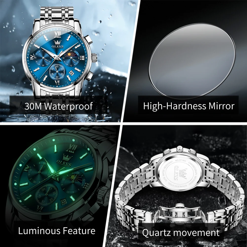 OLEVS 2718 uxury Men Quartz Chronograph Watch Stainless Steel Band Roman Numerals Moon Phase Dial Business Dress Wristwatch Male