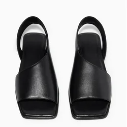 Summer Women Black Genuine Leather Sandals flat bottomed versatile square toe Roman shoes retro sandals and slippers for women