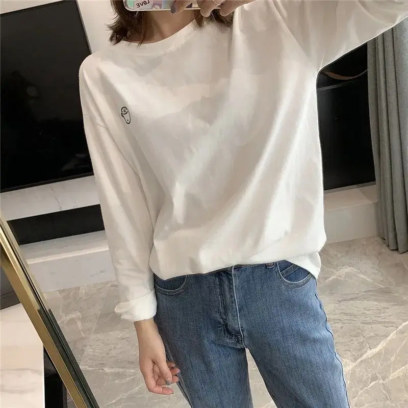 Double-Sided Fleece Long Sleeve T-Shirt Women's Embroidered round Neck Korean Style Loose Slimming Thickened Fashionable Inne...