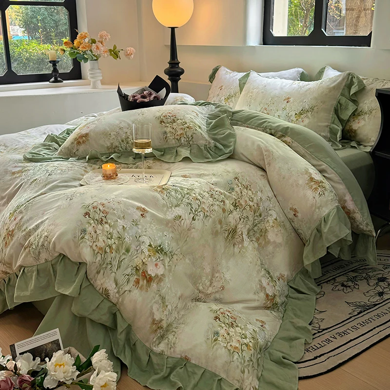 

Korean Style Ruffles Bedding Set 100% Cotton Green Floral Printed Duvet Cover Sets Fitted Bed Sheet Pillowcases Home Textile
