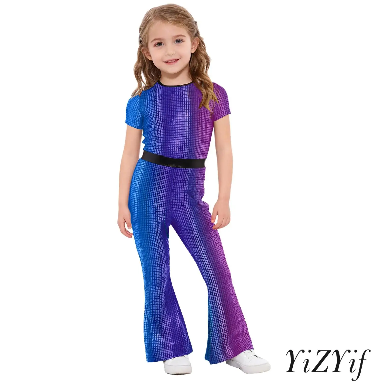 

Kids Girls Dynamic 70s Disco Dance Jumpsuit with Metallic Plaid Design And Bell Bottom Pants Leotard for Jazz Dance Performance