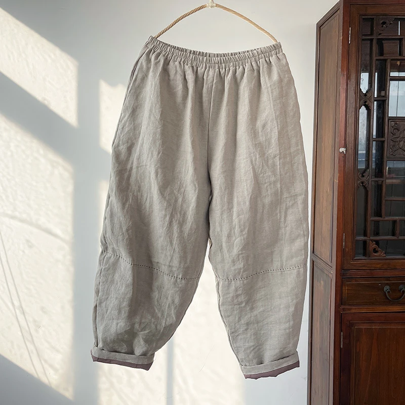 

Women Cotton Linen Casual Pants New Arrival 2025 Spring Vintage Style Plain Color Loose Female Thick Ankle-length Pants M697