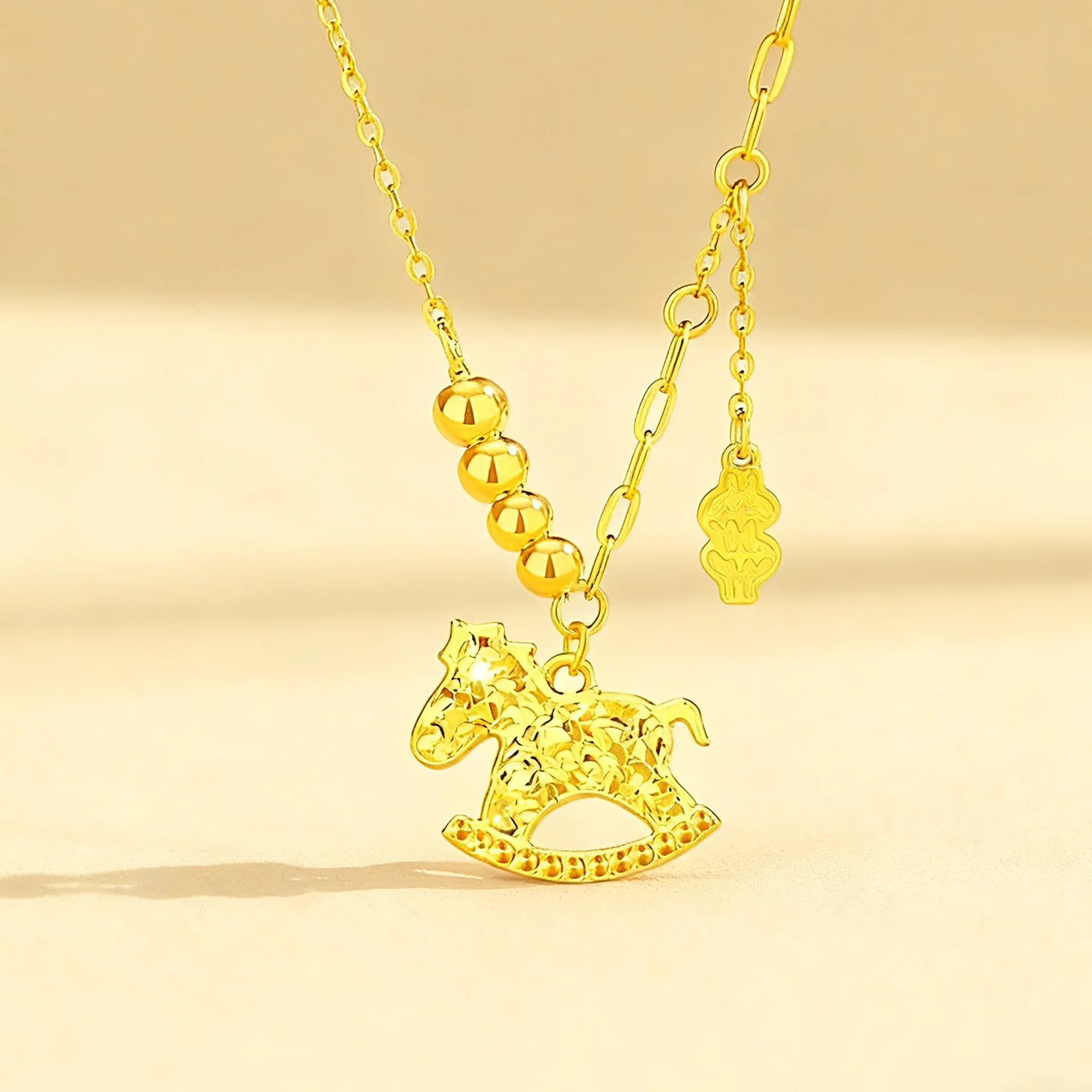 Luxury 24K 9999 Pure Gold real gold Zodiac Horse Transfer Beads Jucai Horse Year Pendant Women's Necklace
