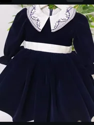 0-12Y Baby Girl Autumn Winter Blue Velvet Vintage Spanish Princess Ball Gown Dress for Eid Causal Christmas C325