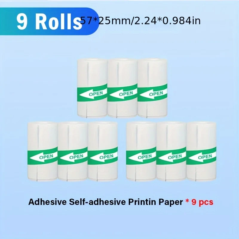สติ๊กเกอร์บาร์โค้ดความร้อน9ม้วนเครื่องพิมพ์กระดาษขนาดเล็กสีสันสดใสกระดาษกาวด้วยตนเองสำหรับเครื่องพิมพ์ภาพถ่ายไร้สายอิงค์เจ็ทขนาด57มม.
