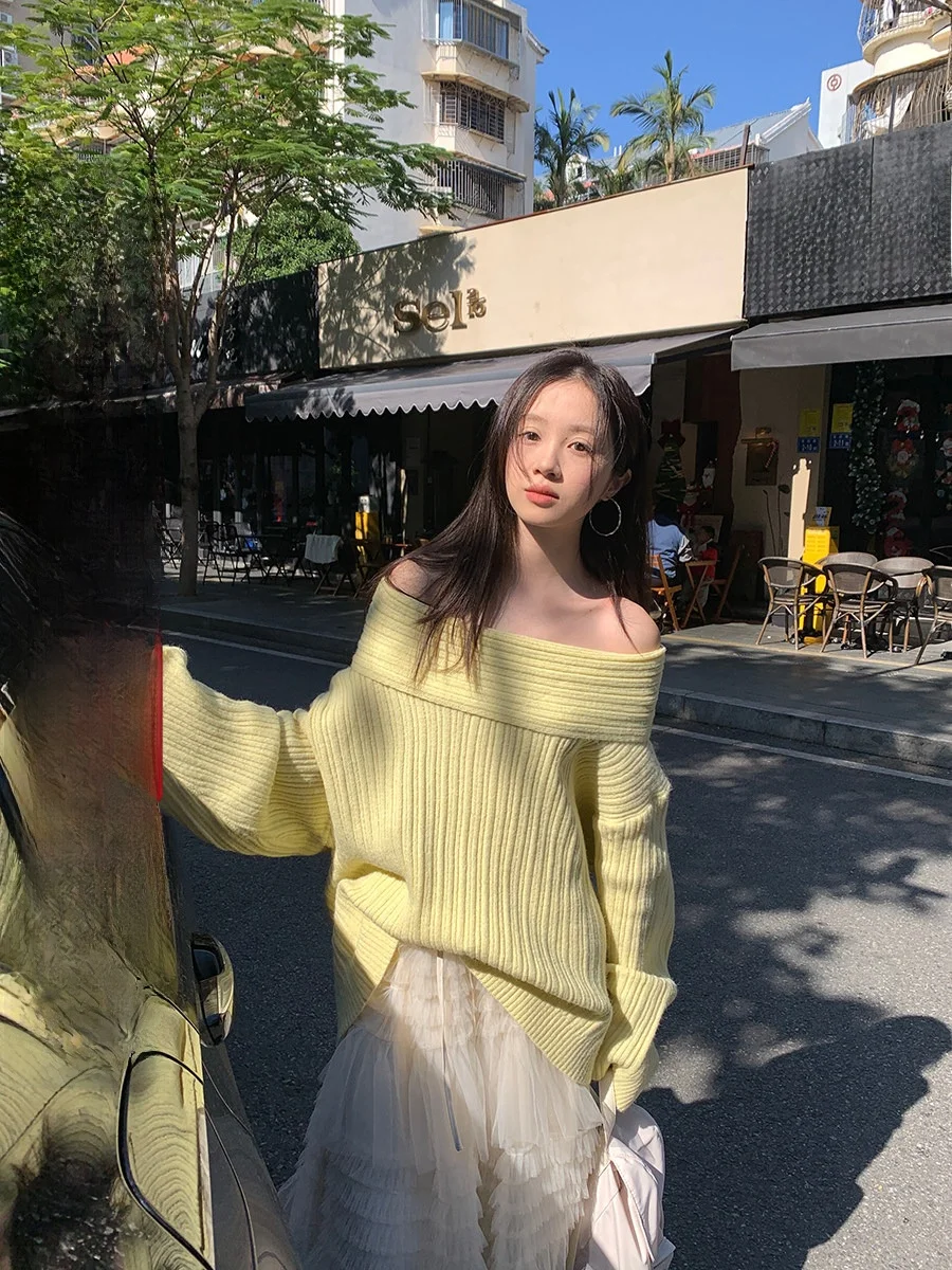 

Вязаный свитер Sinbounboun на одно плечо, свободного кроя, повседневный, с длинным рукавом, для женщин, весенний сезон