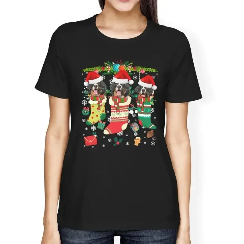 1T T Shirt Womens Loose Fit Christmas Stockings With Bernese Mountain Dogs