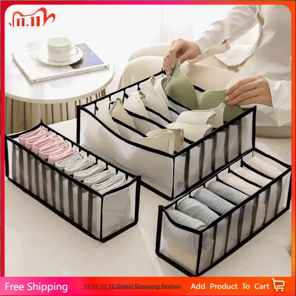 

6/7/11 Grids Foldable Underwear Underwear Socks Organizer with Dividers Clothes Storage Box Breathable Mesh Bag for Wardrobe