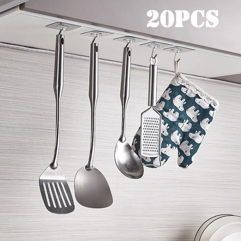 20Pc Bathroom hookTransparent Wall Hooks Hangers Self Adhesive Door Wall Hangers Hooks for Key Bag Kitchen Bathroom Accessories