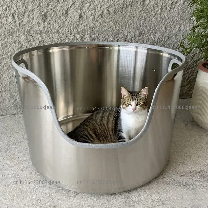 Large Stainless Steel Cat Litter Box High-Sided Anti-Splash Litter Tray Semi-Enclosed Toilet for Kitten Indoor Durable Pet Potty