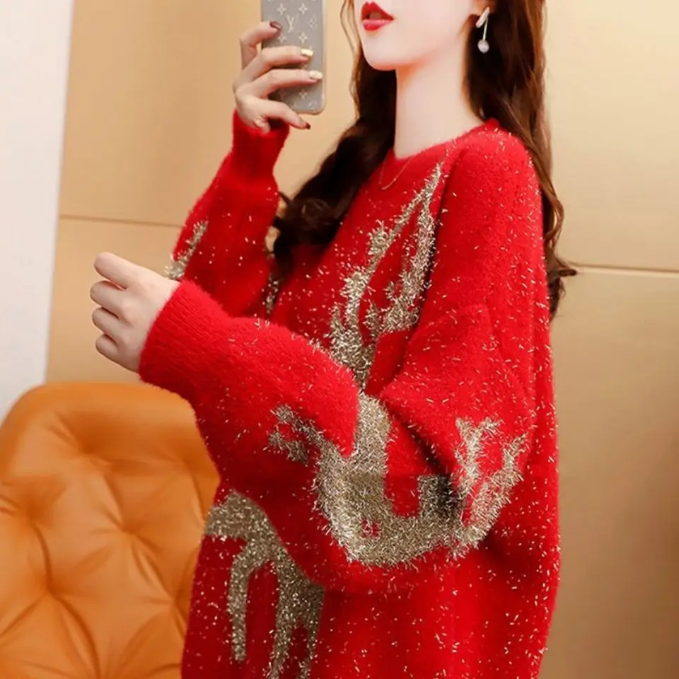 Winter Christmas Sweater Knit Coats Plus Size Sweater Pullover Korean Fashion Loose Designer Long Sleeve Top New