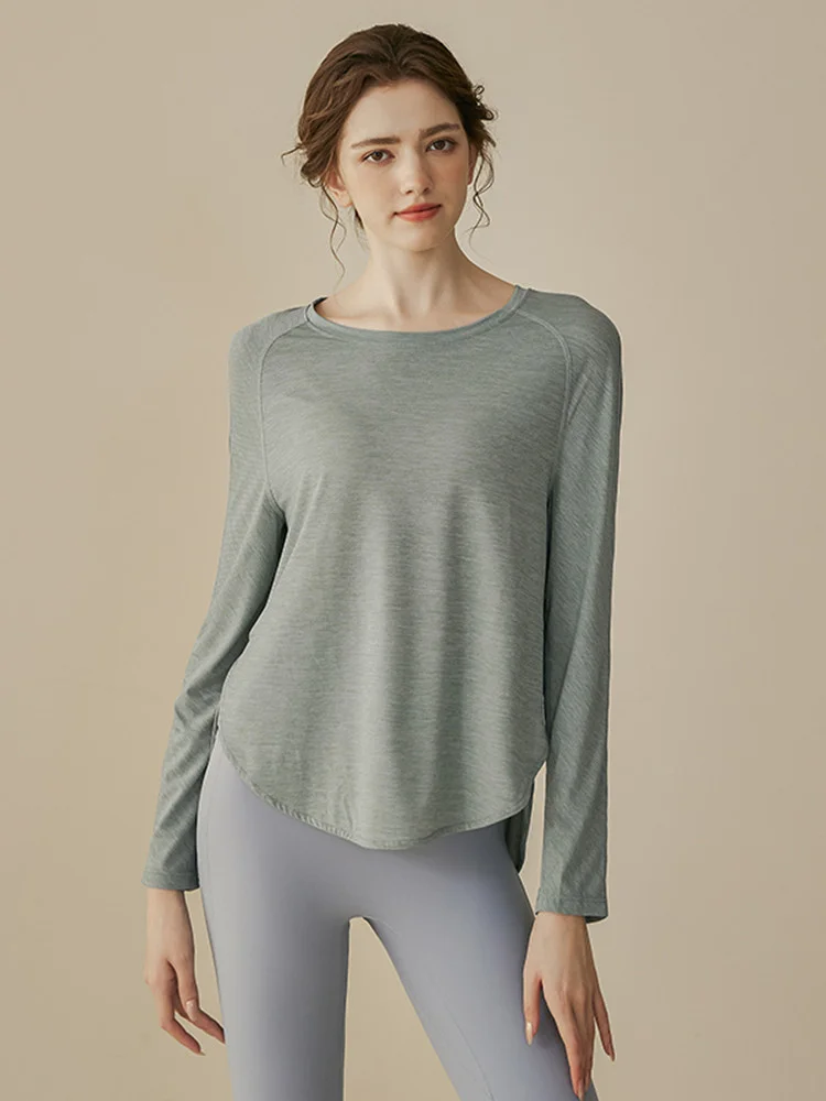 

Женская футболка с длинным рукавом для йоги и бега, свободного кроя, быстросохнущая, комфортная, шелковистая, с круглым вырезом, простой дизайн, осень-зима