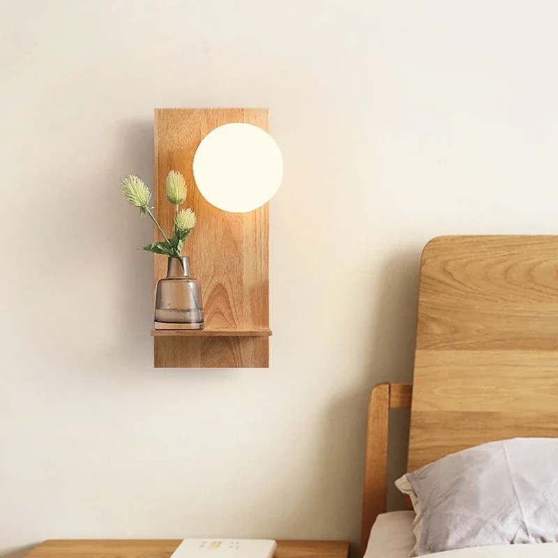 Solid Wood Shelf Wall Lamp, Wooden Bedroom Bedside Wall Lamp, Nordic Living Room, Study, Corridor, Staircase LED Wall Light