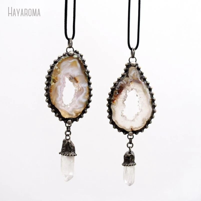 10Pcs Antique Silver Color Clear Crystal Leather Rope Agates Geode Free Form Vintage Handmade Jewelry Necklace NM50628