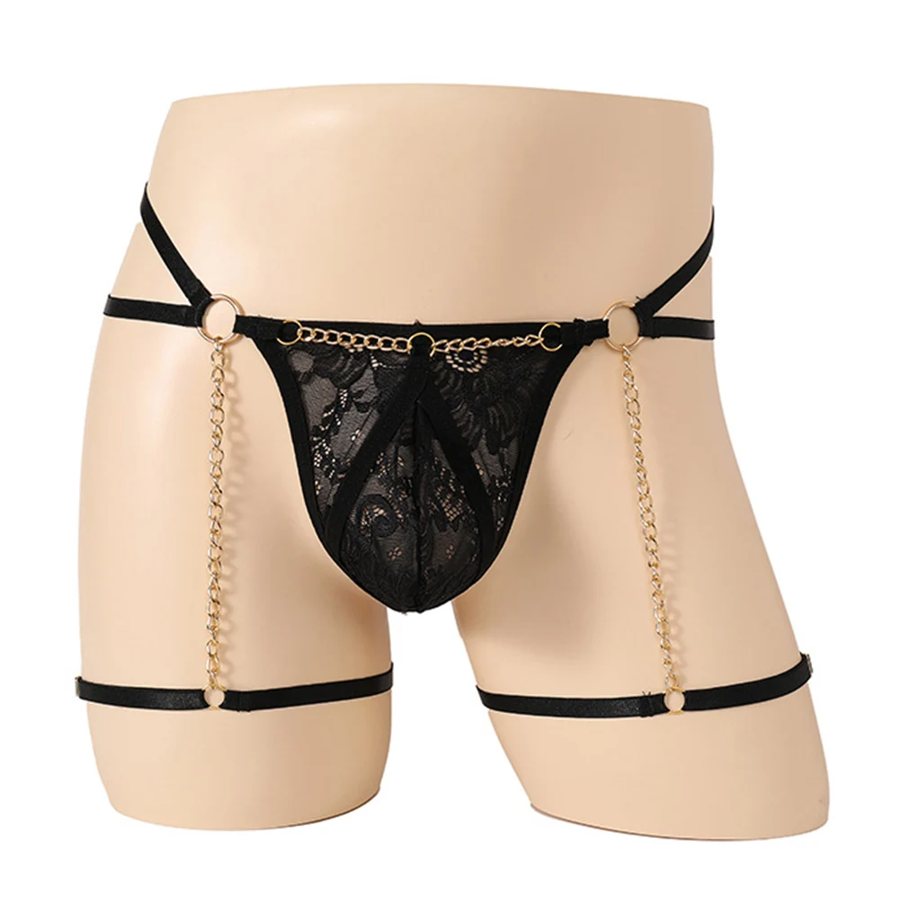 

Men Sexy Bulge Pouch Slim Fit Knickers Underwear Sheer Lace See Through Jockstrap Thongs Metal Chain Leg Rings Erotic Underpants