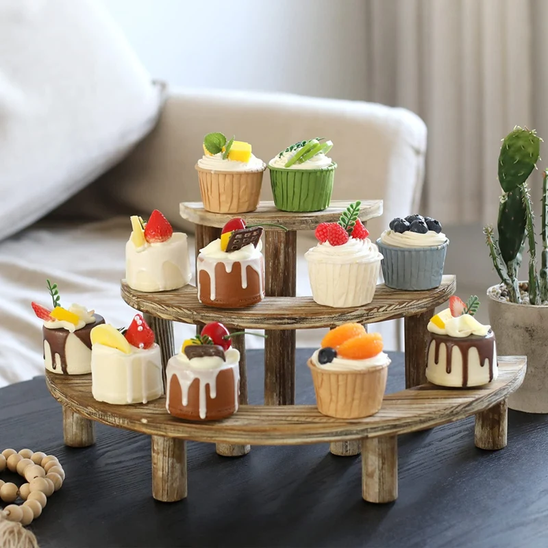 3-Layer Wooden Cupcake Rack Layered Cupcake Display Rack Semi-Circular Dessert Cake Rack