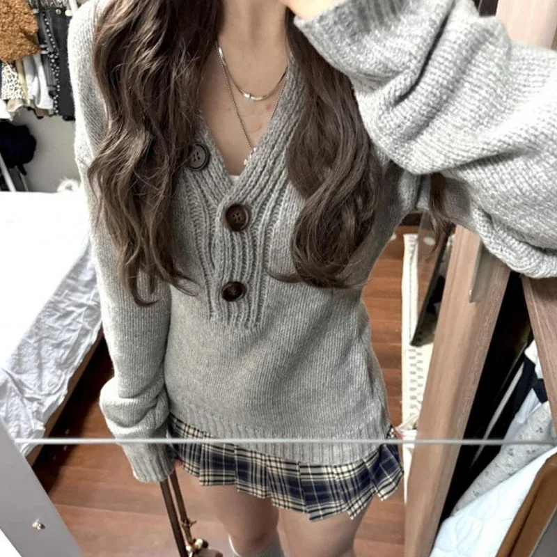 

New Spring Trendy Gray V Neck Sweaters Mujer Knitted Pullover Fashion Slim Fit Long Sleeve Top for Women