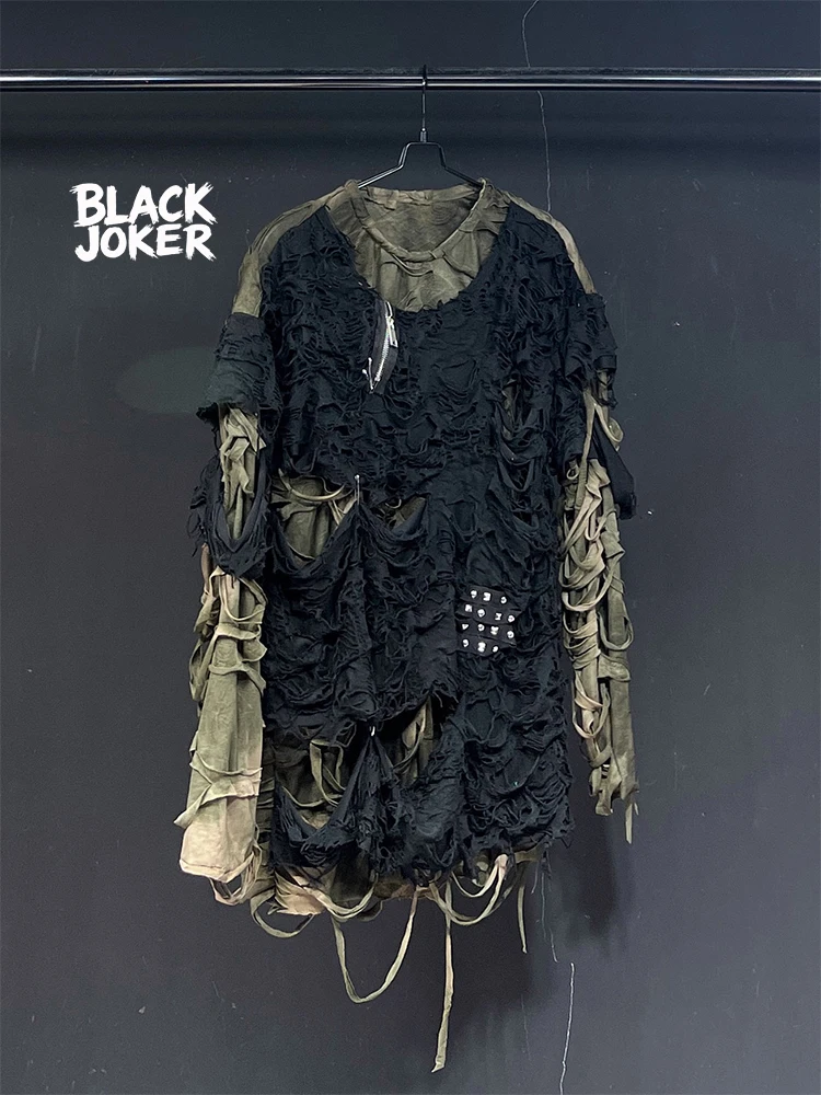 BLACK JOKER Original design new black hole-punched patchwork long-sleeved T-shirt loose base shirt unisex tops