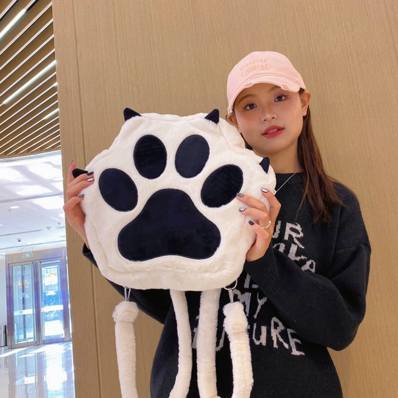 Cute Cat Claw Backpack Plush Crossbody Versatile Japanese Girl Cartoon Backpack Kawaii Fluffy Storage Shoulder School Bags Gift