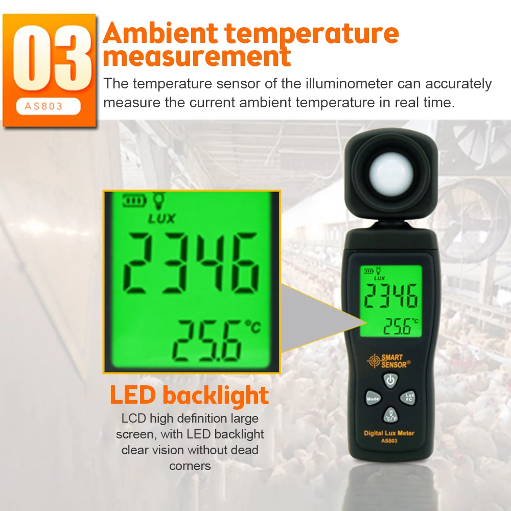 AS803 Light Meter Photometer Photography Digital Luxmeter Integrated Illuminometer 1-200.000LUX Enviromental Tester Spectrometer